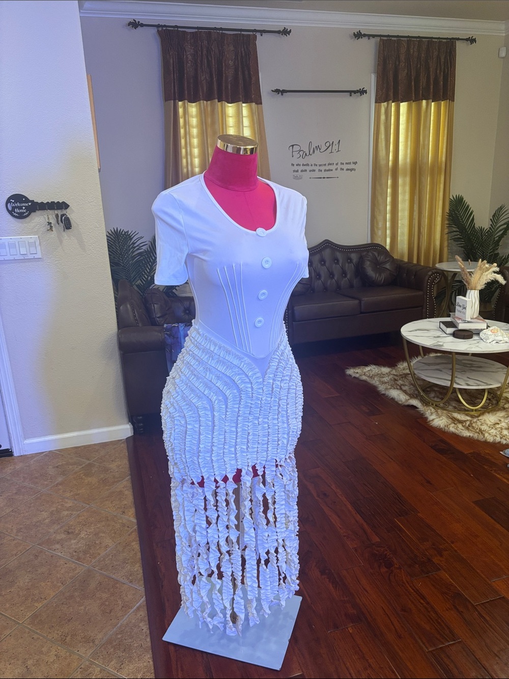 White Textured Fringe Midi Dress